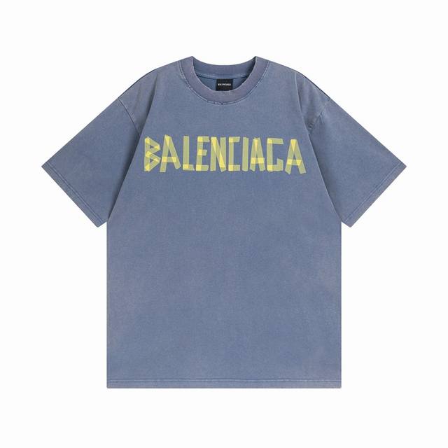 雾蓝色 Balenciaga 巴黎世家2025 Ss 经典胶带拉浆印花短袖T恤 本市场No.1的质量 真正天花板品质 全部原版开发注意细节图 避免被盗图商家混发