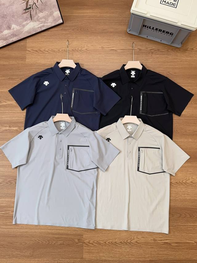 迪桑特柜子新款夏季休闲运动冰爽速干Polo 商务落肩款 78的锦纶和22的氨纶混合亲肤透气面料 面料纤维遍布微孔，快速散热，透气干爽 弹力十足，水洗不变形 ，上