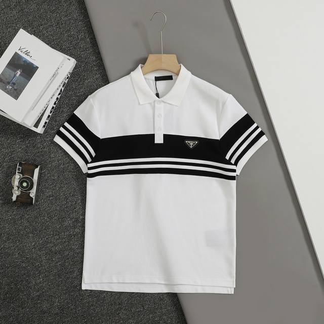 顶级版本 普拉达 Prada 金属三角标撞色拼接工艺翻领Polo衫短袖 重磅高端臻品取料珠地水洗面料不起球不变形不缩水上身效果舒适透气布相高级手感细腻 颜色：黑