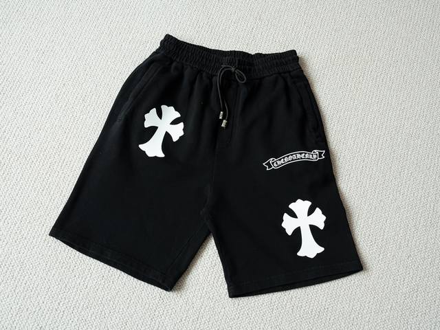 chrome Hearts 克罗心 25Ss 酵素水洗重工白色硅胶十字架标识棉质短裤五分裤 货号：3506 颜色： 黑色 尺码： S M L Xl 尺寸推荐：S
