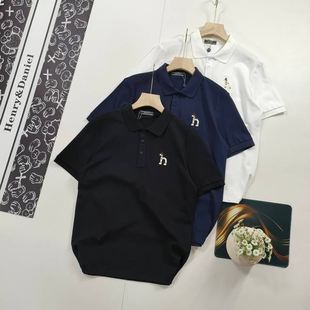 尺码M-2Xl主推款 2025夏装新品Hazzys哈吉斯男款皇冠小狗刺绣短袖Polo衫 商务休闲纯色领子 小狗刺绣重磅纯棉T恤 Polo衫 高端高品系列 商场热
