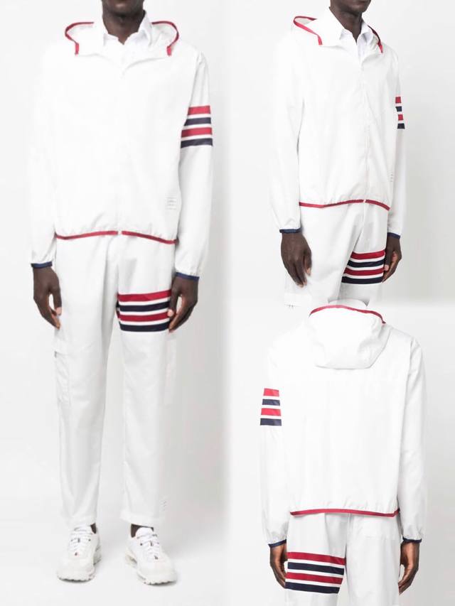 顶级版本！ Tb丨 Thom Browne 汤姆布朗 网眼臂环彩色条纹四条杠男女情侣款连帽防晒服皮肤衣. 颜色：白色. 材质：科技纳米20D桃皮菱形格颗粒面料.