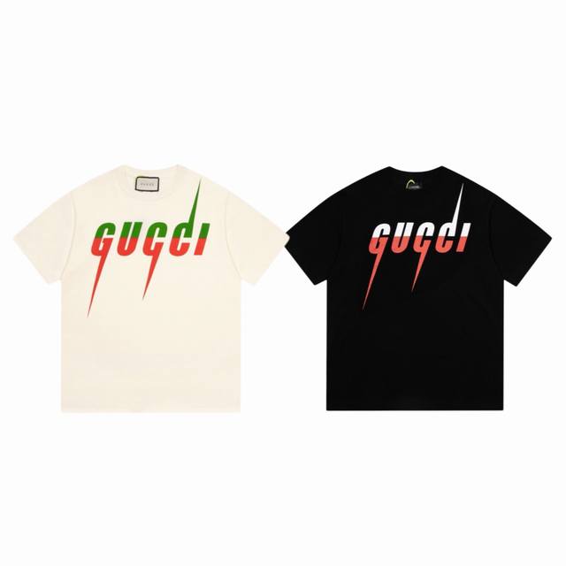 gucci 古驰 经典撞色拼色闪电刀锋字母 Logo 印花情侣圆领短袖T恤-顶级原单版本 Color：黑色 杏色 Size：S M L Xl Number：25