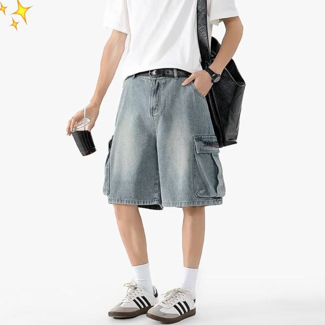 上新 [官方旗舰店夏季短裤.原标吊牌专柜热销款]Balenciaga巴黎世家水洗大口袋欧美高街宽松工装五分裤牛仔短裤男女夏宽松Ins短裤 用彩色的牛仔调剂生活的