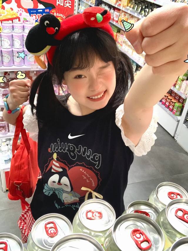 nike 耐克果壳夏季小企鹅印花新款可爱纯棉短袖T恤女 ~240克纯棉T柔软舒适 蕾丝卷边设计 ~印花+贴布刺绣Loog工艺百洗不掉 ~原版领标+吊牌 黑色 尺