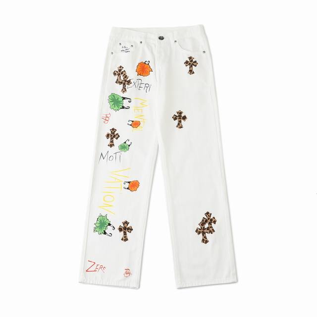 chrome Hearts｜ Ch克罗心 25Ss 白底拼豹纹中古涂鸦绘画高街牛仔裤 克罗心里面颜色最能打的裤子啦啦啦 采用珠帆布面料，重工水洗使面料上身更有质