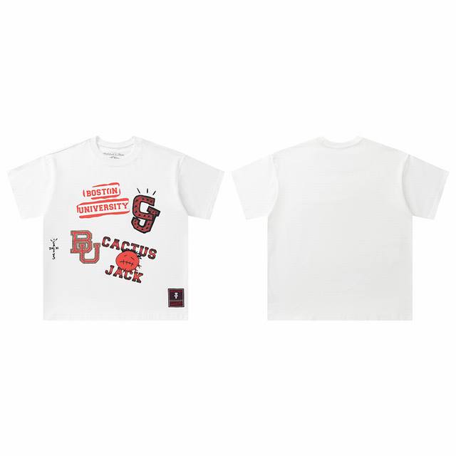 t8816 顶级品质 Travis Scott X Mitchell X Ness Boston University Hand-Drawn 短袖 做工精美 走