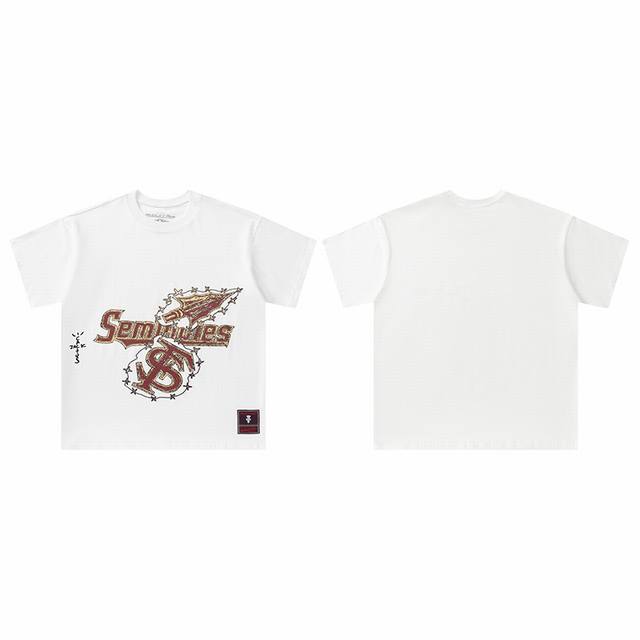 t8812 顶级品质 Travis Scott X Mitchell X Ness Florida State University Logo印花短袖 做工精美