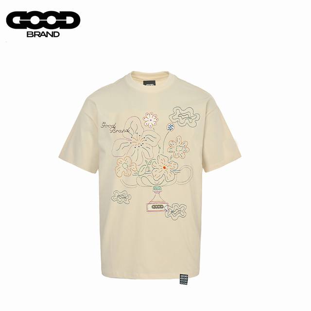 goodbrand 25Ss 永生花刺绣短袖T恤 采用订色订染毛圈纯棉衣面，250G双股双纱，手感舒适 进口针织针梳棉进行制作，搭配320G1*1螺纹，同缸无色