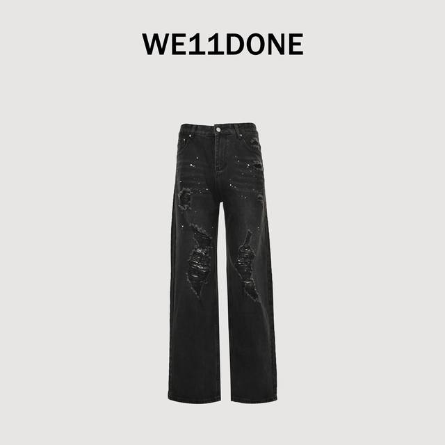 we11Done 王鹤棣同款上身爱心字母刺绣破洞怀旧洗水牛仔阔腿裤 码数:S、M、L