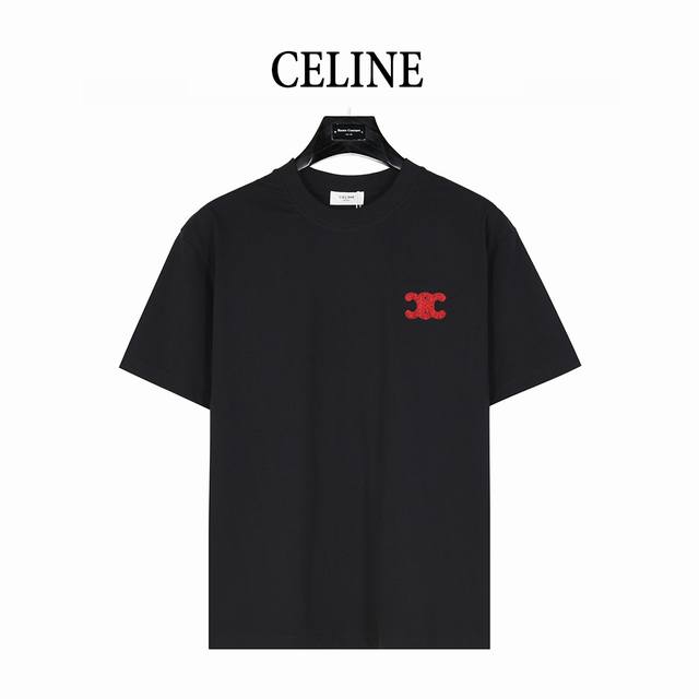 celine 赛琳 25Ss 植绒刺绣凯旋门Logo短袖T恤 定制50支精紧棉纱、活性染色，重固色、爽滑手感面料洗水做预缩、 面料做无尘工艺减轻了掉毛和毛灰的情