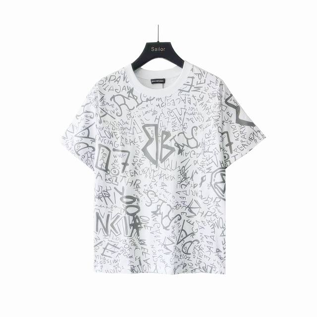 实拍细节图+细节图 Balenciaga 巴黎世家 双B满印涂鸦字母印花 Logo标识印花 精致升级。短袖T恤 原版面料 官方同款 定制260克同缸染面料 手感