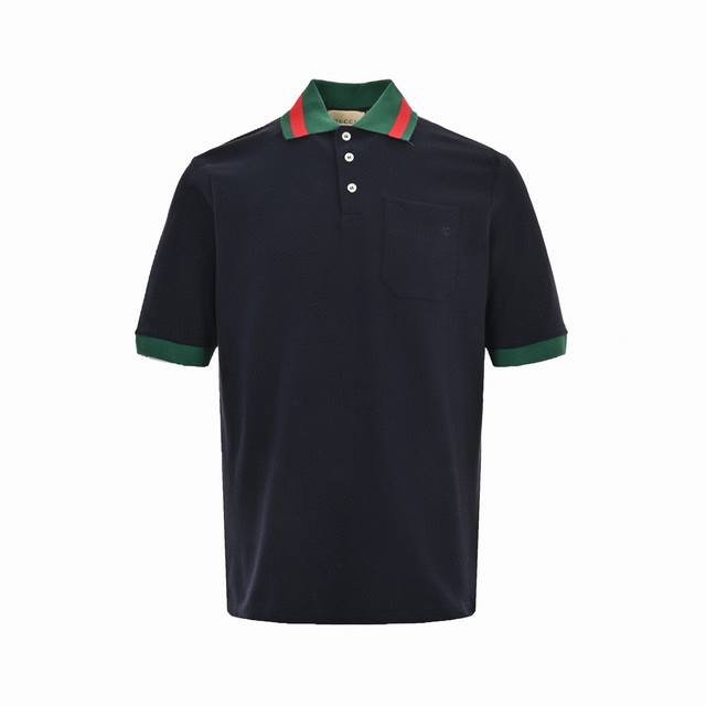 gucci 古驰 24Ss 红绿领刺绣双G口袋Polo短袖 朱地面料260克 红绿条纹领刺绣双G短袖Polo衫 深蓝色 Size:Xs-L