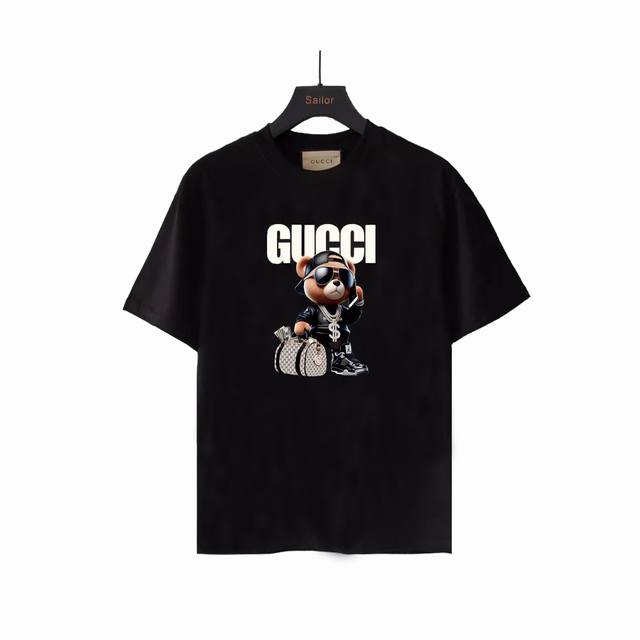 实拍细节图 +尺码表 Gucci 古驰 金钱大佬社会熊字母印花 Logo标识精致升级，灵感源自八十年代复古 原版面料 官方同款 短袖T恤 定制260 克同缸染面