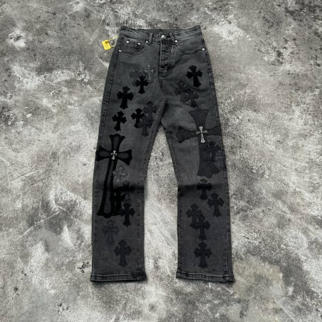 款号：H693 Chrome Hearts X Sexrecords & 克罗心金属贴皮十字架做旧黑色伦敦牛王限定牛仔裤 原版五金辅料水洗等吊卡，二维码解析均为