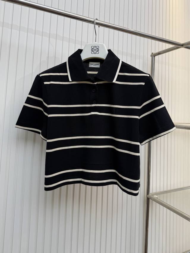 女款 Slp圣罗兰25Ss撞色条纹Ysl刺绣珠地棉短袖Polo Size:S M L