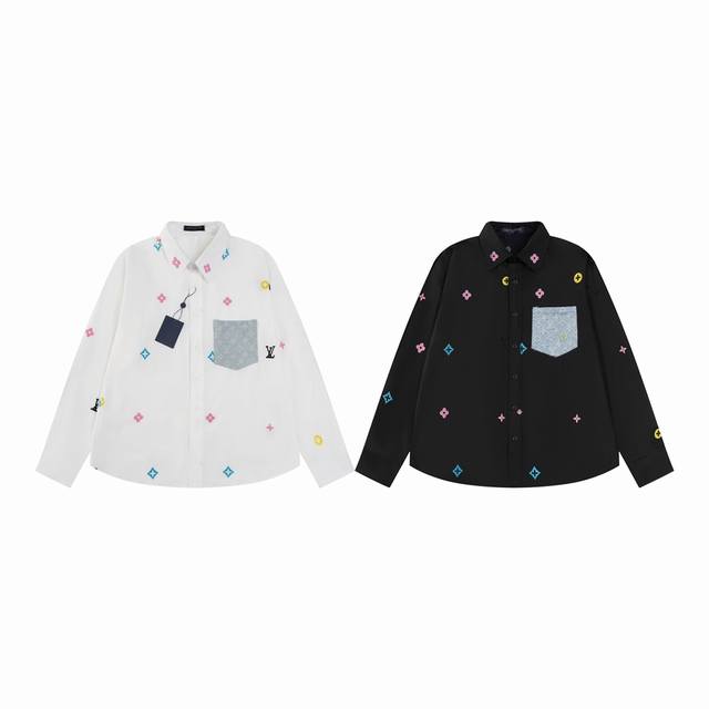款M725 Lv衬衫 Louis Vuitton 路易威登口袋贴布老花刺绣白衬衫外套 货比三家 Lv 王炸Ins爆款 潮牌显瘦百搭男生女生外套衬衫 明星网红同款