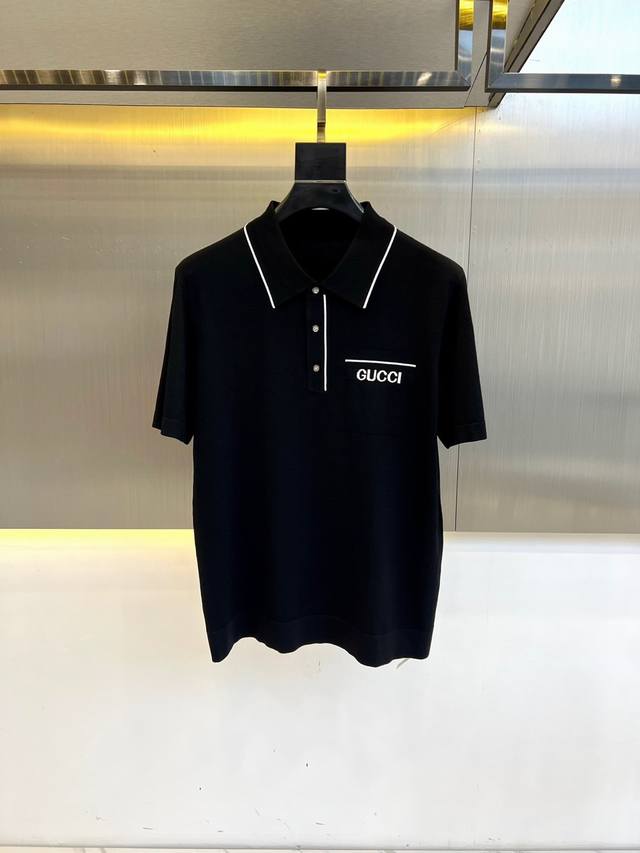 gucc古驰、25S春夏新款，男士经典条纹嵌花桑蚕丝伊力特针织圆领短袖T恤衫！选用客供进口粘纤