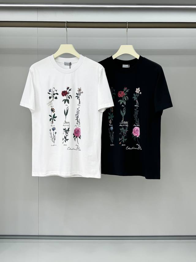 合照细节 Cd25Ss春夏新款平纹针织棉布圆领短Tee，男女同款时尚花草图案装饰休闲短袖T恤衫！贸易公司渠道稀出，同步官网发售！D家新款花草图案T恤，以其独特的