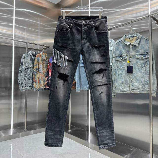 amiri 破洞字母绣街头潮流修身小脚弹力牛仔裤 颜色 黑色 码数 30 32 34 36 38