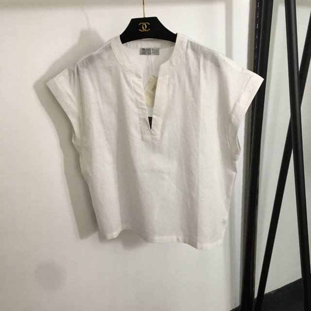 款号20252589 Brunello Cucinell* Bc新款V领坎肩亚麻背心上衣，白色，紫红色，杏色，咖色，Sml， S码；胸围110，衣长58