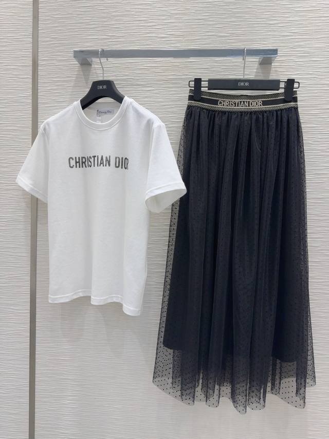 christian Dio* 2025Ss新款 Logo橡筋腰网纱波点植绒半裙圆领白色水印Logot恤套装高品质单色 Sml S T恤 肩宽43 胸围100 衣
