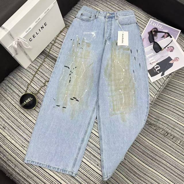 强烈推荐 25年早春夏系列 Acn*新款泼墨做旧牛仔阔腿裤 洗水颜色好看 Sml