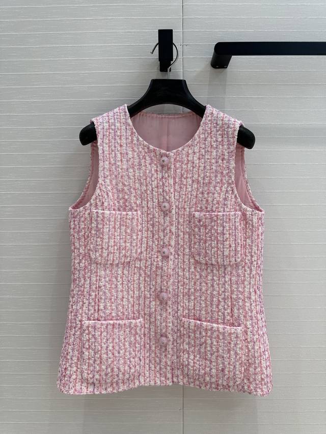 独家首发高端原单品质100%真丝里布！ 权志龙同款 Coco女孩高级闪闪樱花粉马甲外套！本季最佳必入绝绝子！定制特种纱粉色编织Tweed软花呢面料，经典四口袋立