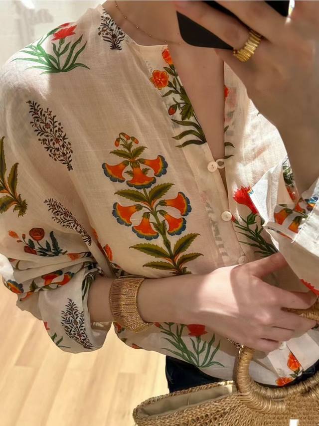 跑量爆款出货啦！！精品专属印花春季衬衫女夏博物馆花栗鼠假日上衣港风宽松碎花圆领长袖苎麻衬衫女度假风印花宽松内搭气质上衣