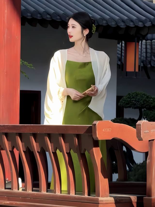 诗雨江南 仙气优雅吊带连衣裙套装 搭配轻薄开衫，不仅优雅而且非常显瘦，连衣裙整体的垂坠感非常出色，流畅地贴合身体曲线穿着起来十分舒适，细腻的质感与优雅的剪裁相得