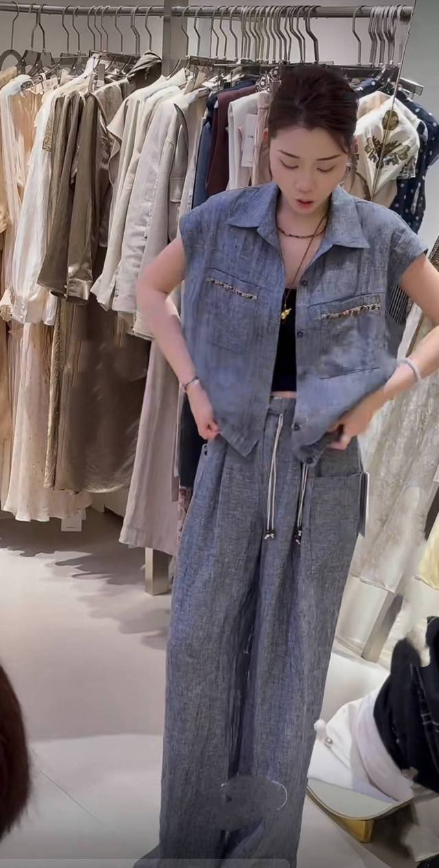 重磅 100%色织麻短裤套装！高品质！配腰带！御姐老钱风！法式复古色织亚麻订珠上衣宽松阔腿休闲套装Smlxl