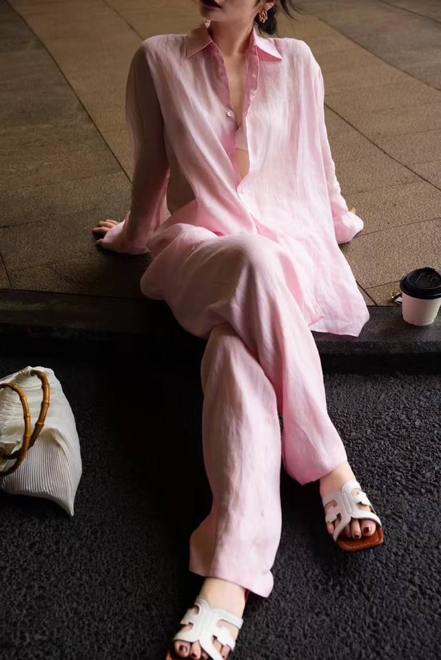 粉色法式显白减龄亚麻衬衫套装 图片色Smlxl
