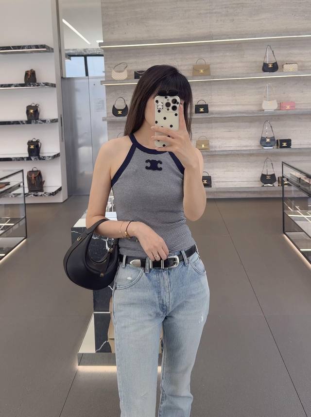 celin* 25Ss春夏新款 百搭修身显瘦条纹挂脖辣妹背心丨独家Yb开发！高版出品！间色条纹设计修身版型绝绝子！进口定制原版面料手感超赞！凯旋门Logo刺绣低