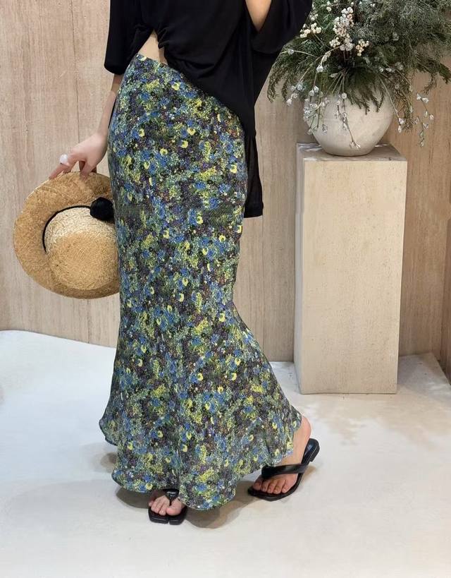 拼色油画碎花斜裁鱼尾半身裙 100%亚麻 S-Xl
