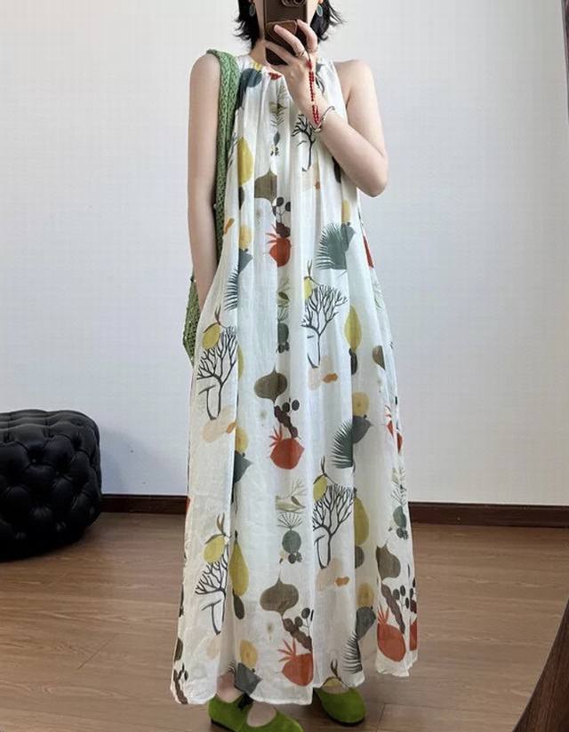 新款上新：苎麻印花背心连衣裙 面料：苎麻% 颜色：杏色花，咖色花 尺码：S～Xl