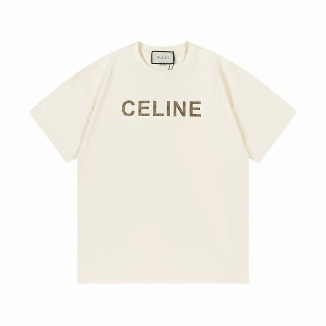 gucci 古驰 联名 Celine 赛琳 限定系列 2025新款 联名贴布字母Logo 男女同款 短袖T恤 定制300克100％双纱纯棉面料 定染32支双股螺