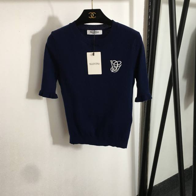 款号20252845 Valentin*新款 刺绣图案短袖100%羊毛针织衫上衣，深蓝色，Sml， M码；胸围80，袖长20，衣长54