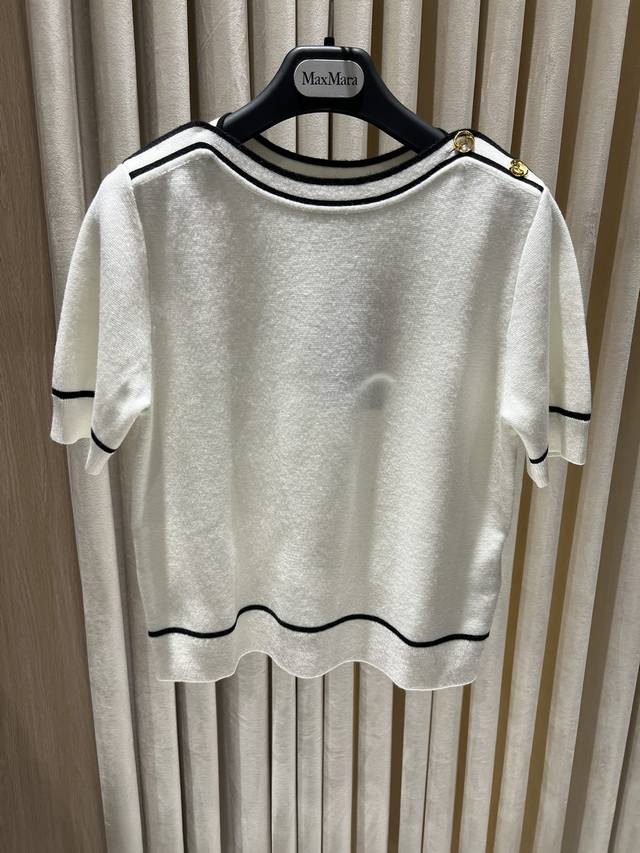 新品#Gucc*羊毛黑白撞色一字肩扣短袖针织套头衫 定色定染，欧代订单 Size：S-M-L Code：25030509