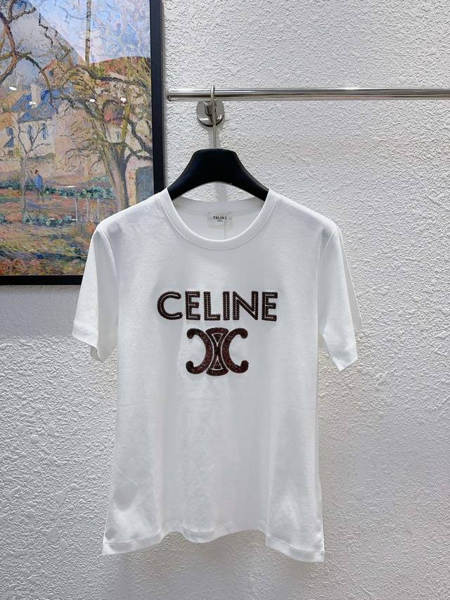 celin家！高版本！胸前刺绣字母Logo亮片凯旋门图案圆领丝光棉短袖T恤！三标齐全！两色！码数S M L Xl，现货发！ M码胸围92衣长59