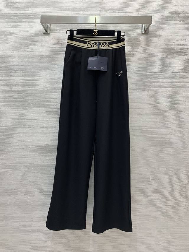 款号D24110783 Prad*新款 P家经典金属三角标Logo装饰腰头织带拼接时尚百搭阔腿裤长裤！黑色， M码：腰围62～68松紧，裤长106