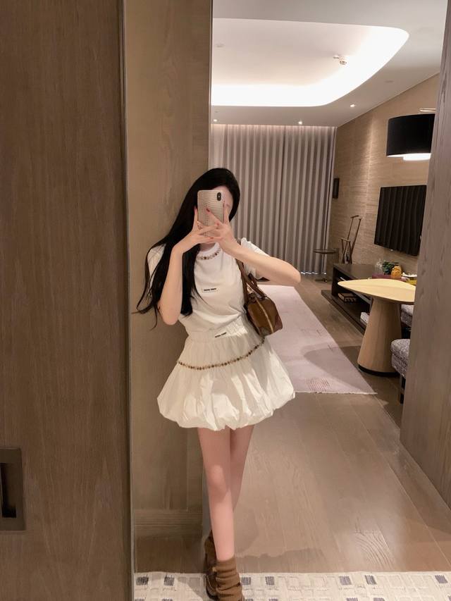 miumi*名族度假风订制手工钉珠织带短袖减龄花苞短裙Sml 上衣 半裙