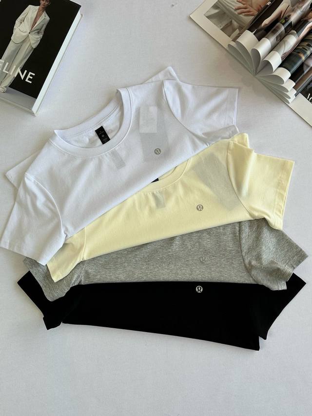 上新 女款女生女士四色经典 25年新款露露 Lululemon夏季四色纯棉圆领T恤短袖棉面料 面料采用190G杜邦索罗娜丝光棉 颜色 白色 黑色 花灰 米黄 尺