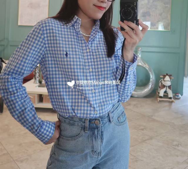 资讯 拉夫 polo Ralph Lauren衬衫 格纹拼色翻领单排扣长袖 浅蓝色 女款