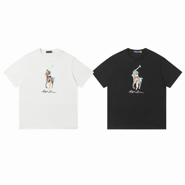 ralph Lauren polo 拉夫劳伦 24Ss七巧板彩色战马印花情侣休闲圆领T恤短袖-原单品质 color 白色 黑色 size S M L Xl nu