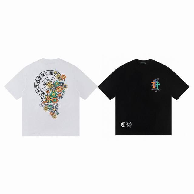chrome Hearts Ch 克罗心 限定款太阳花十字梵文发泡印花情侣圆领短袖T恤-顶级版本 color 黑色 白色 size S M L Xl numbe