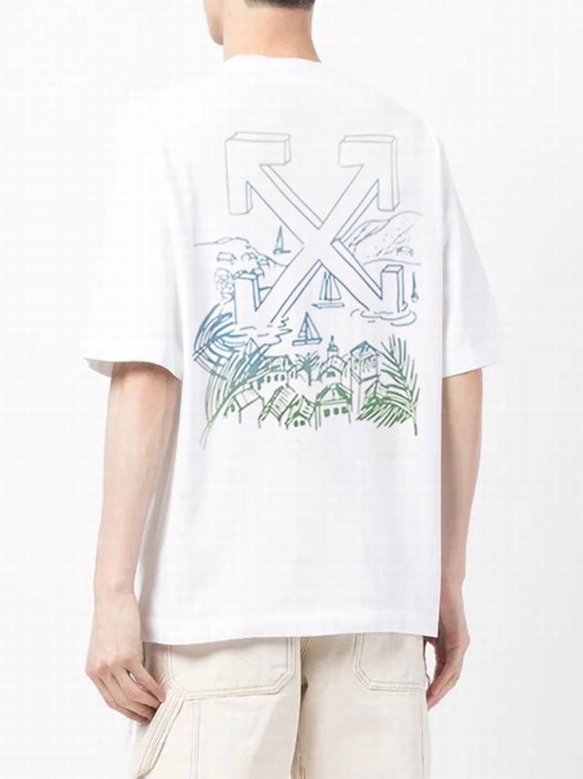 春夏新款 品牌 Off-White 风景箭头款短袖T恤 颜色 白色 尺码 Xs-S-M-L 男女同款 面料 采用定制230克32织纯棉双纱面料 坯布两次水洗预缩