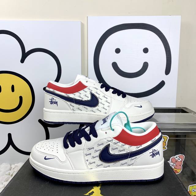 高版本 Aj Jordan Air Jordan 1 Low 耐磨防滑 Aj低帮联名白深蓝 复古板鞋 36-44码