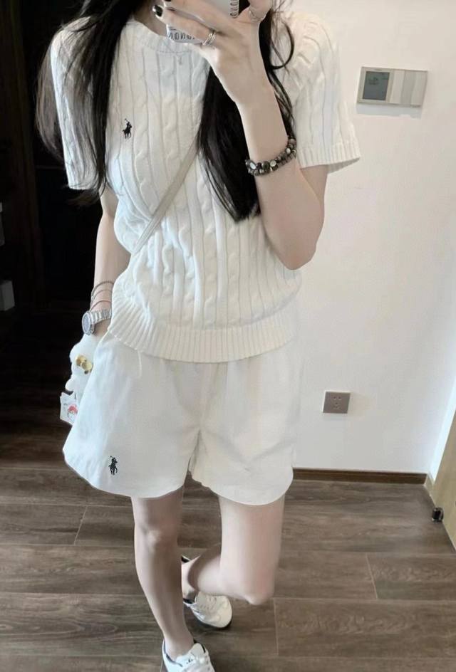 上衣 均码 裤子110 Sml ralph Lauren 拉夫劳伦Rl小马刺绣麻花圆领针织短袖半松紧腰短裤套装 款号 25670205465 颜色 蓝色 白色
