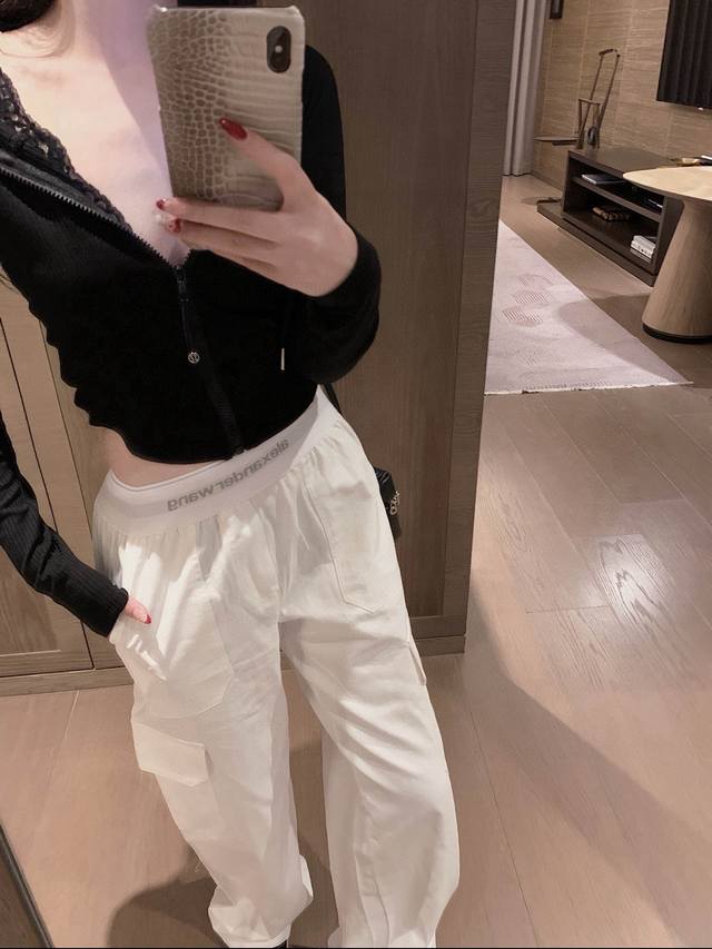 alexanderwang 大王Aw定制字母提花织带口袋工装裤长裤 款号 25672701283 颜色 白色 尺码 Sml s码80-95斤 m码95-110斤