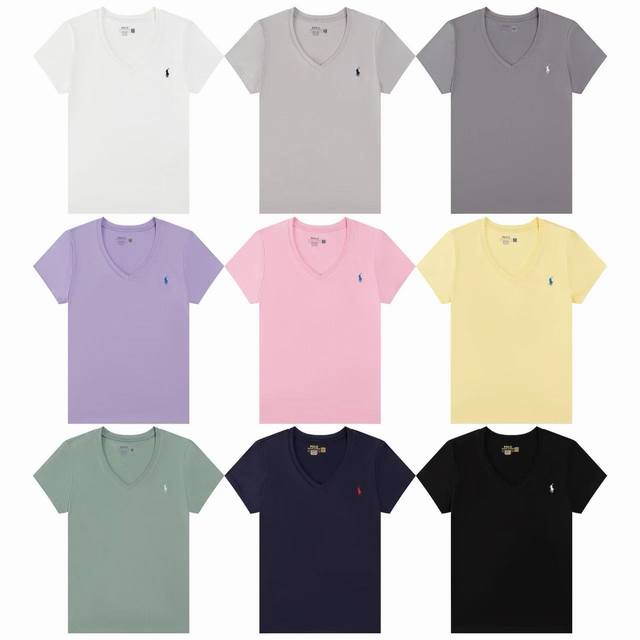 细节图# ralph Lauren 拉夫劳伦女士修身夏季纯色小马刺绣V领短袖T恤 辣妹穿搭 尺码 Xs S M 颜色 黑色 白色 绿色 紫色 藏青色 深灰色 黄